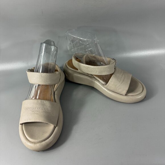 Emporio Armani Logo-Embossed Leather Sandals in Light Sabbria - Picture 1 of 15